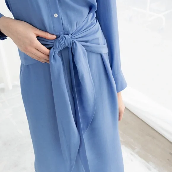 & Other Stories Long Sleeve Waist Tie Midi Dress in Light Blue - Picture 2 of 6